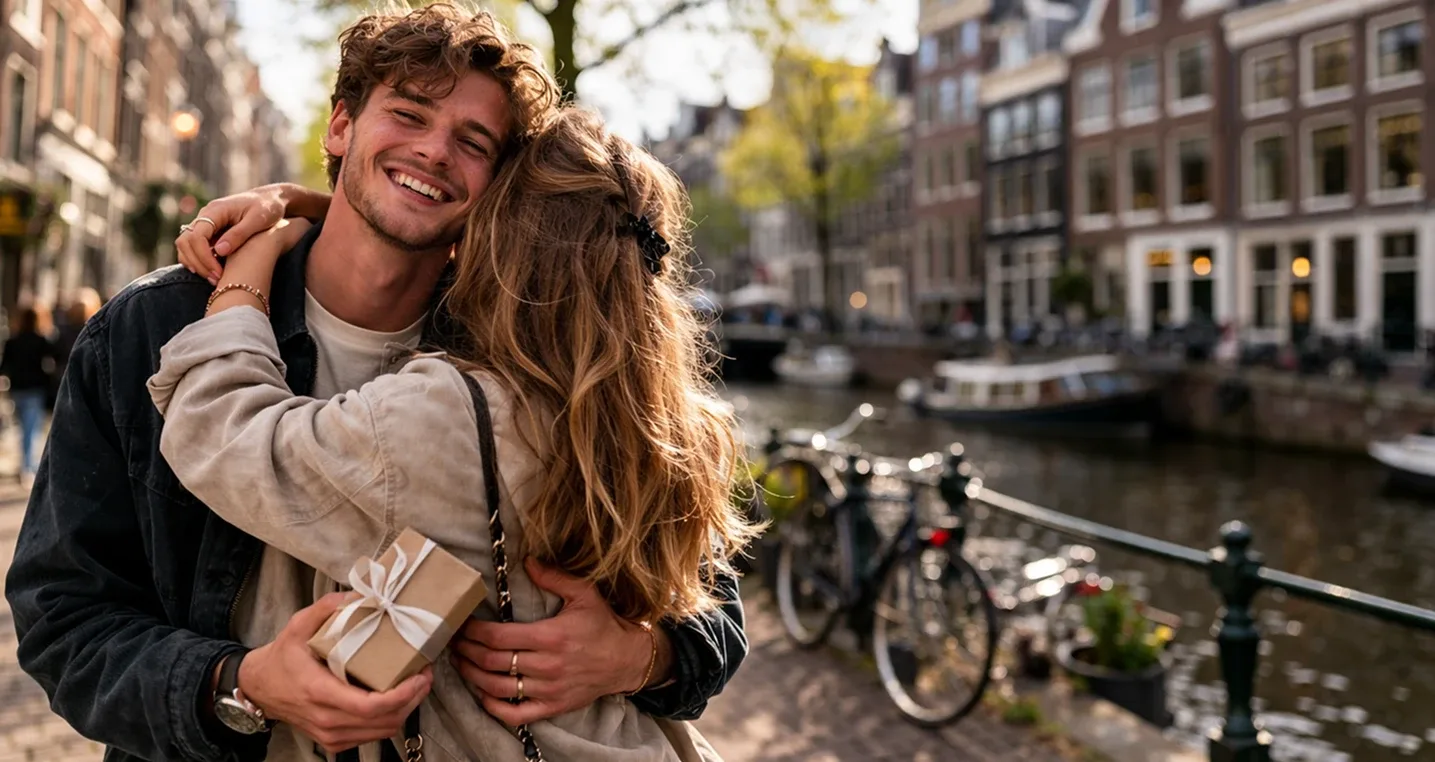 Two friends hugging with a gift along an Amsterdam canal